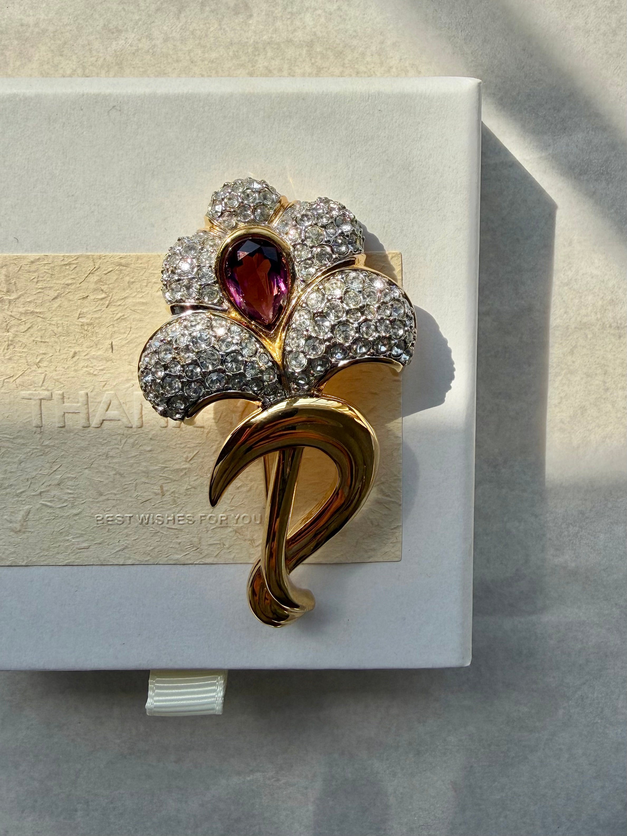 Nina Ricci Purple Rhinestone Brooch – Gold Plated Vintage Style Statement