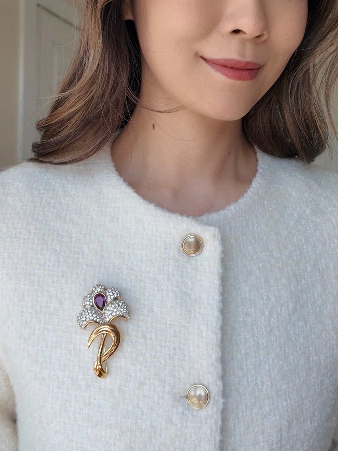 Nina Ricci Purple Rhinestone Brooch – Gold Plated Vintage Style Statement