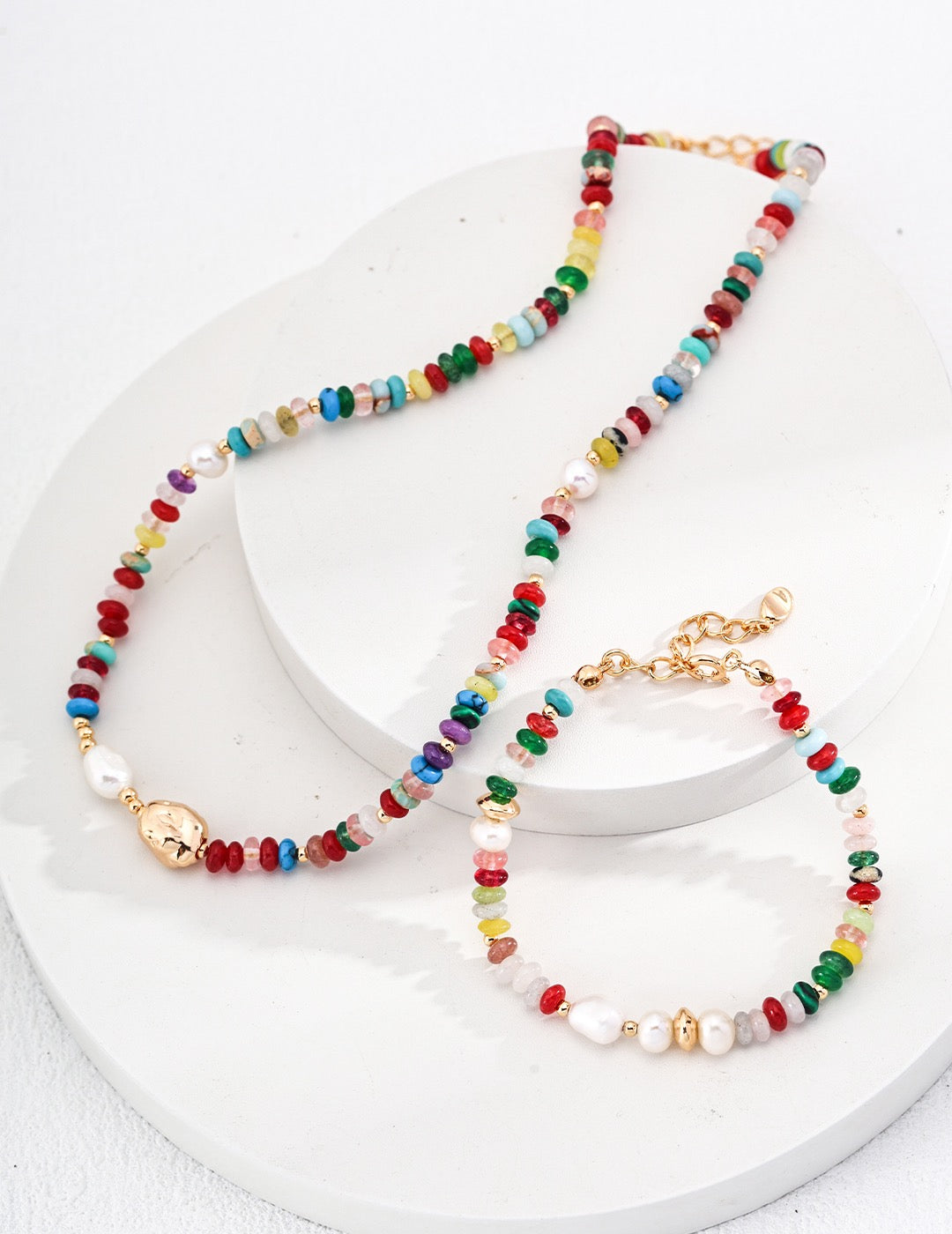Natural Colorful Gemstone & Freshwater Pearl Necklace / Bracelet – 18K Gold Plated S925 Sterling Silver Summer Jewelry