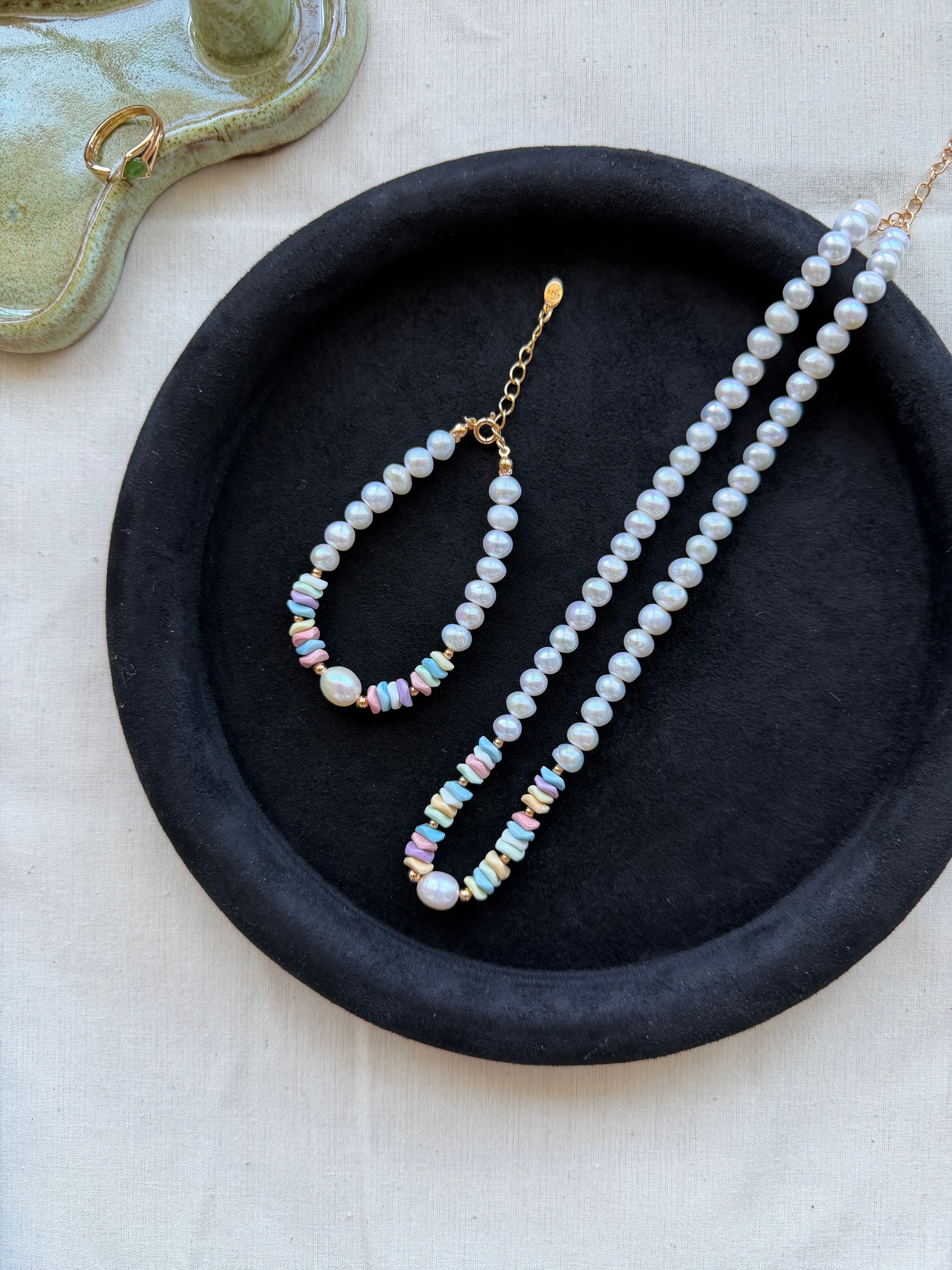 Pearl Rainbow Stone Necklace & Bracelet – 18K Gold Plated S925 Sterling Silver