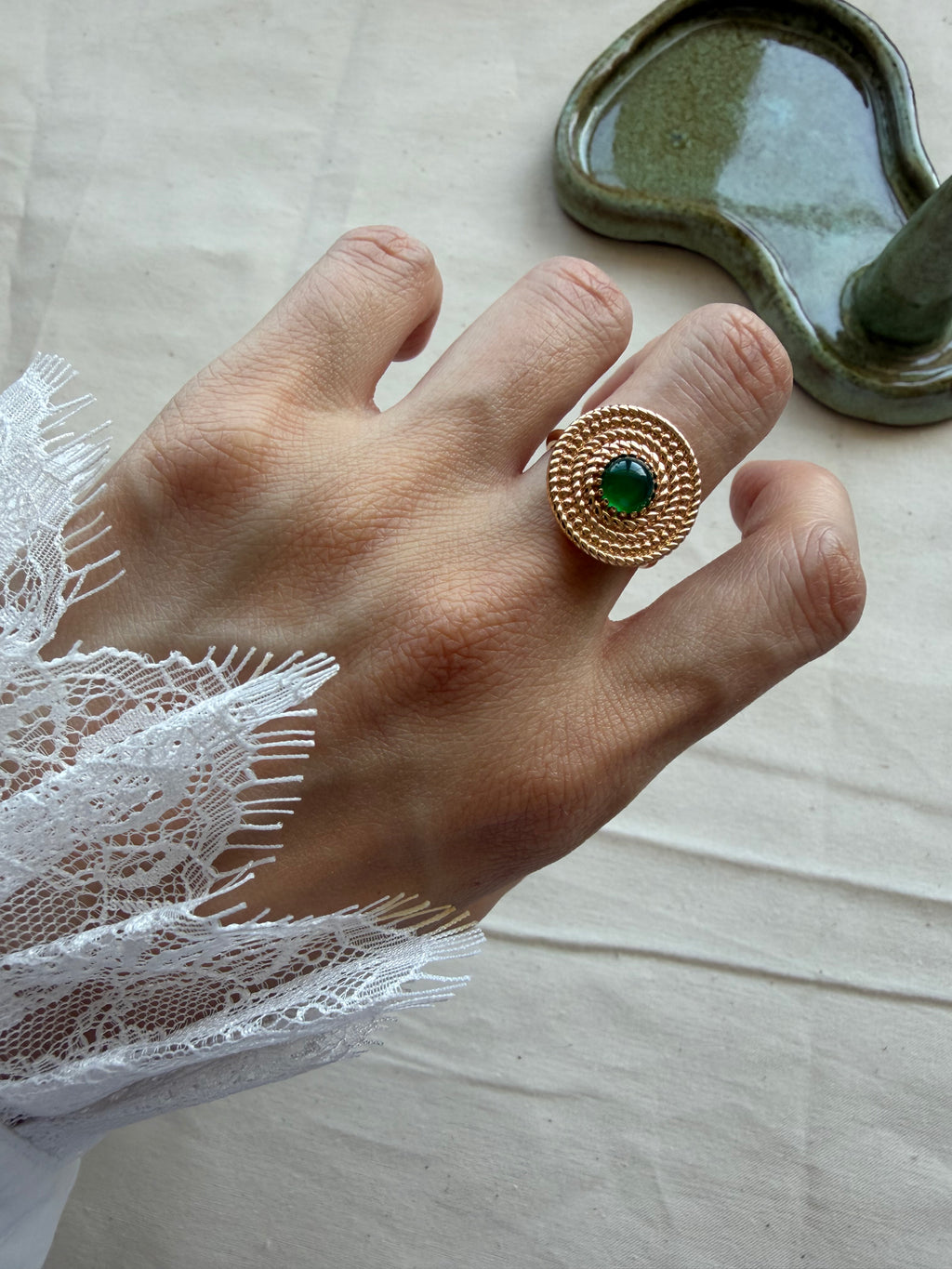 Woven Straw Hat Jewelry Set – 18K Gold Plated S925 Silver with Green Chalcedony