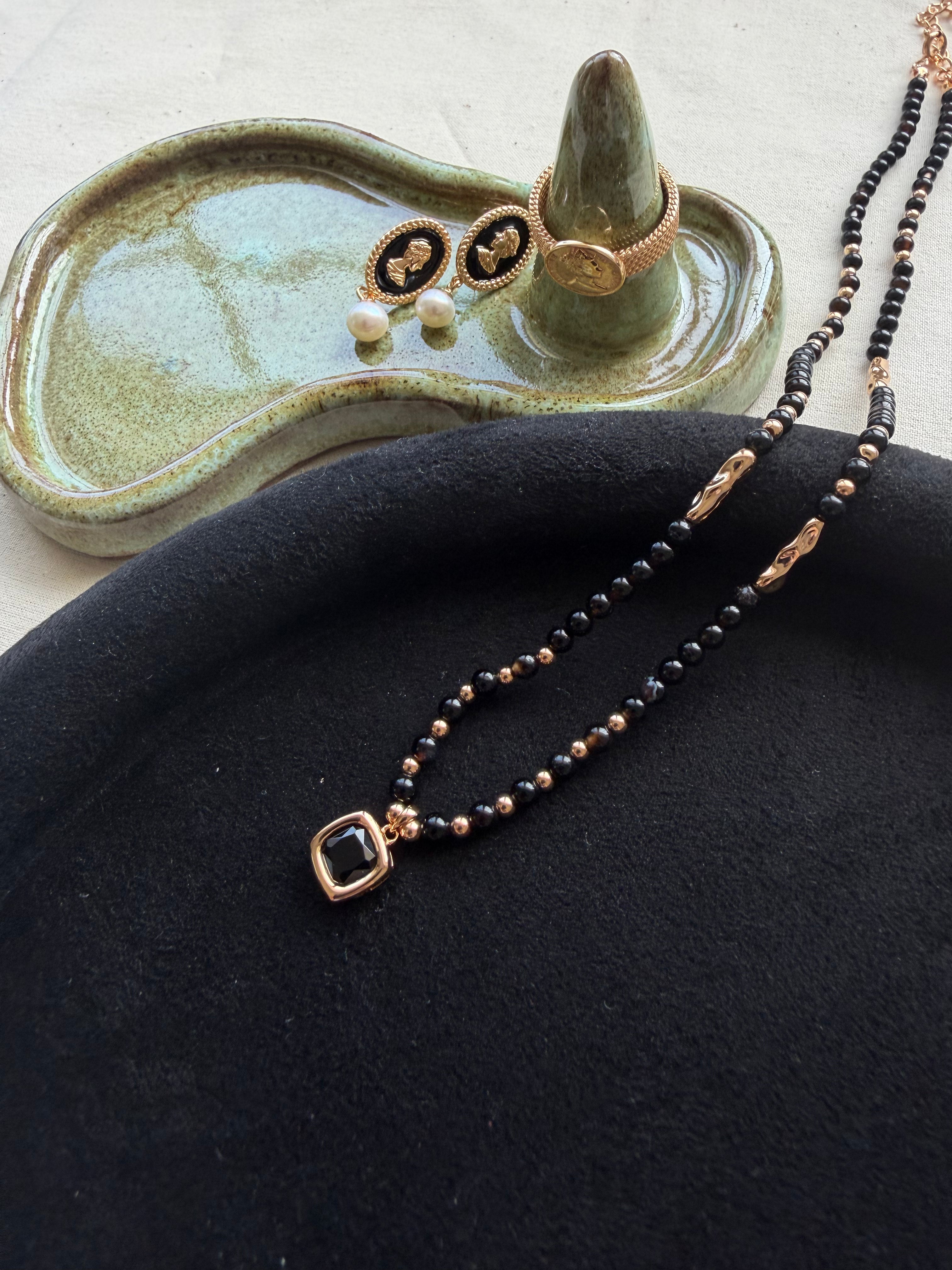 Black Agate Pearl Jewelry Set – 18K Gold Plated S925 Sterling Silver Vintage Style