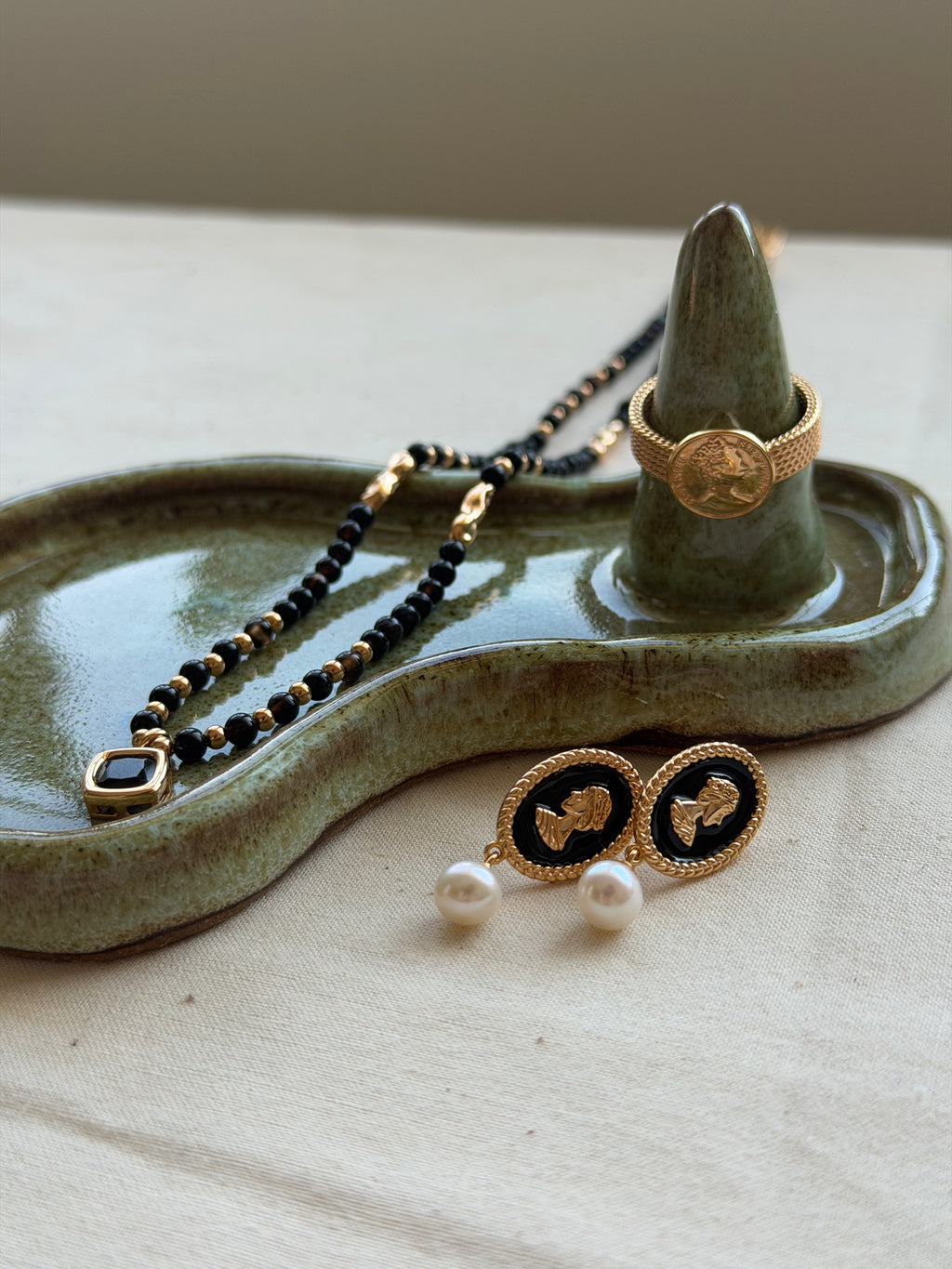 Black Agate Pearl Jewelry Set – 18K Gold Plated S925 Sterling Silver Vintage Style