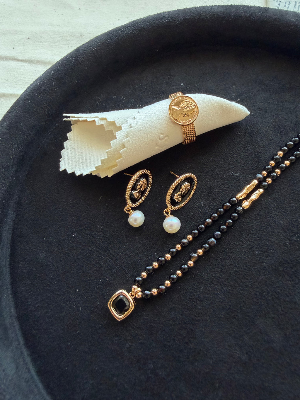 Black Agate Pearl Jewelry Set – 18K Gold Plated S925 Sterling Silver Vintage Style