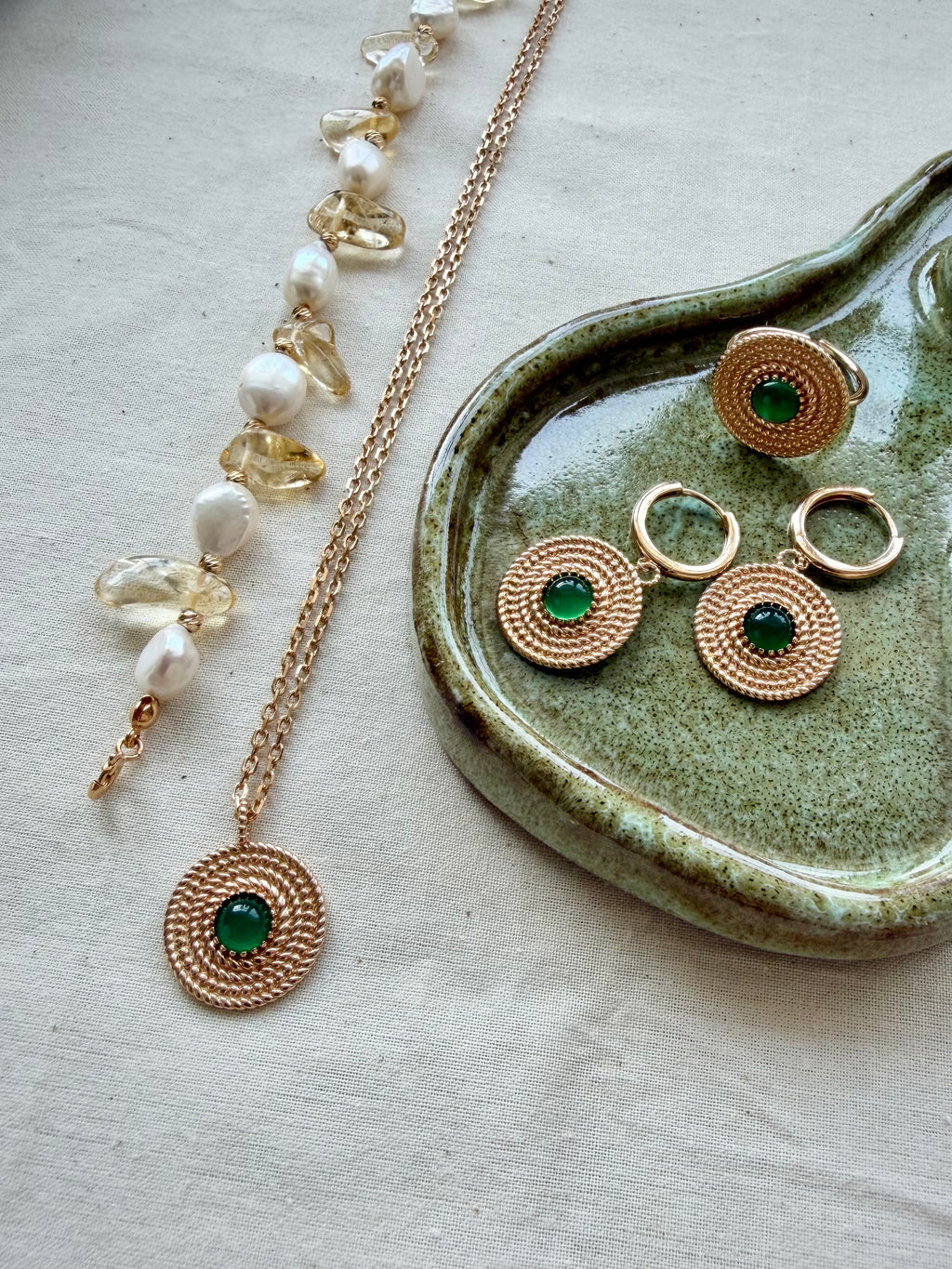 Woven Straw Hat Jewelry Set – 18K Gold Plated S925 Silver with Green Chalcedony