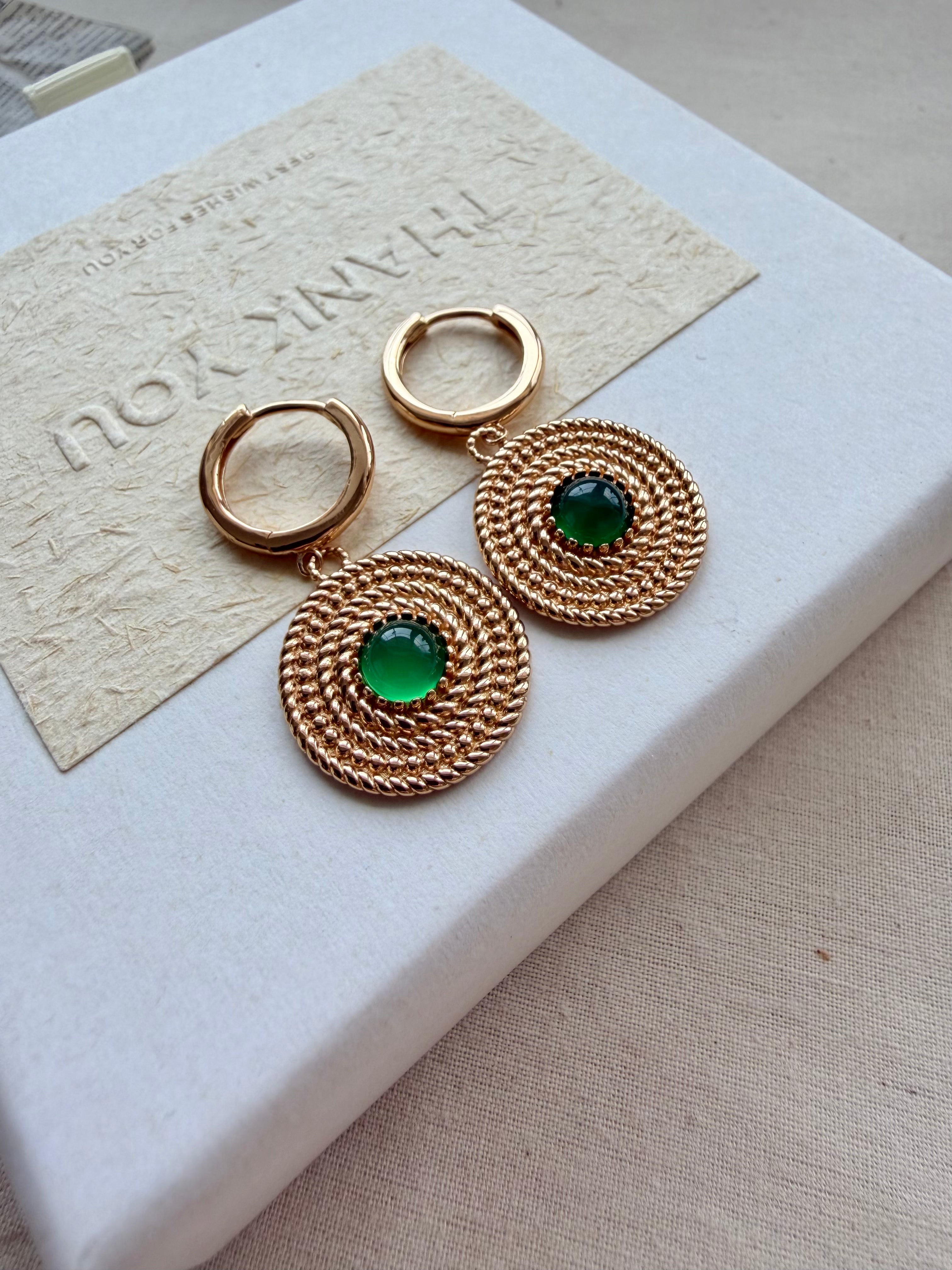 Woven Straw Hat Jewelry Set – 18K Gold Plated S925 Silver with Green Chalcedony