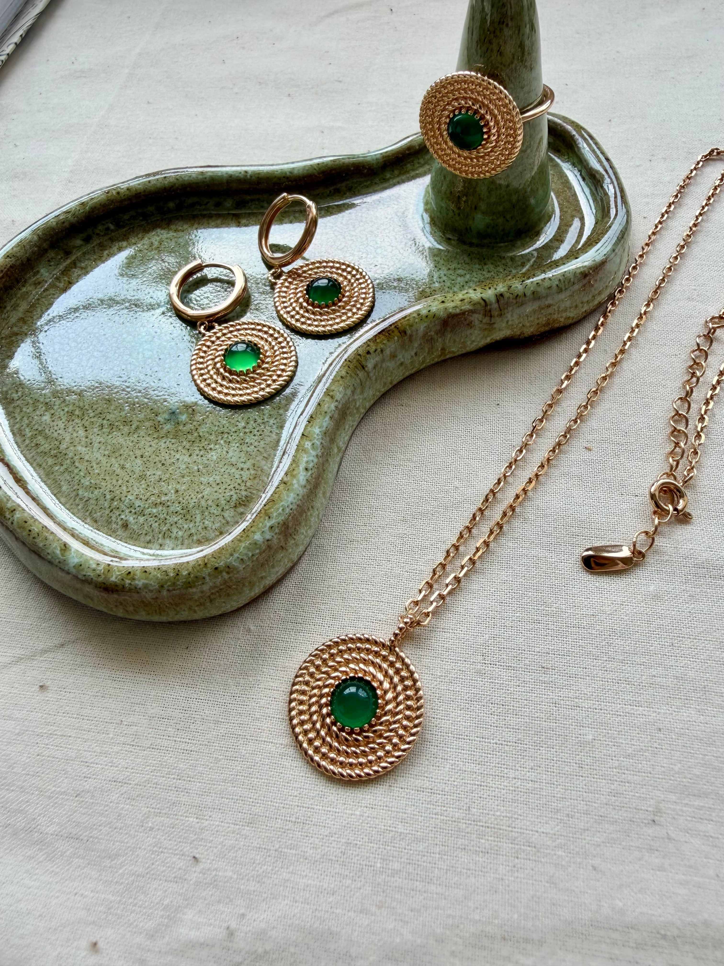 Woven Straw Hat Jewelry Set – 18K Gold Plated S925 Silver with Green Chalcedony