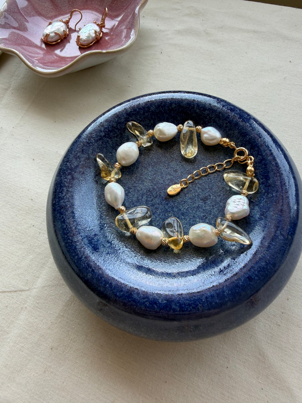 Freeform Citrine & Baroque Pearl Bracelet – 18K Gold Plated S925 Silver