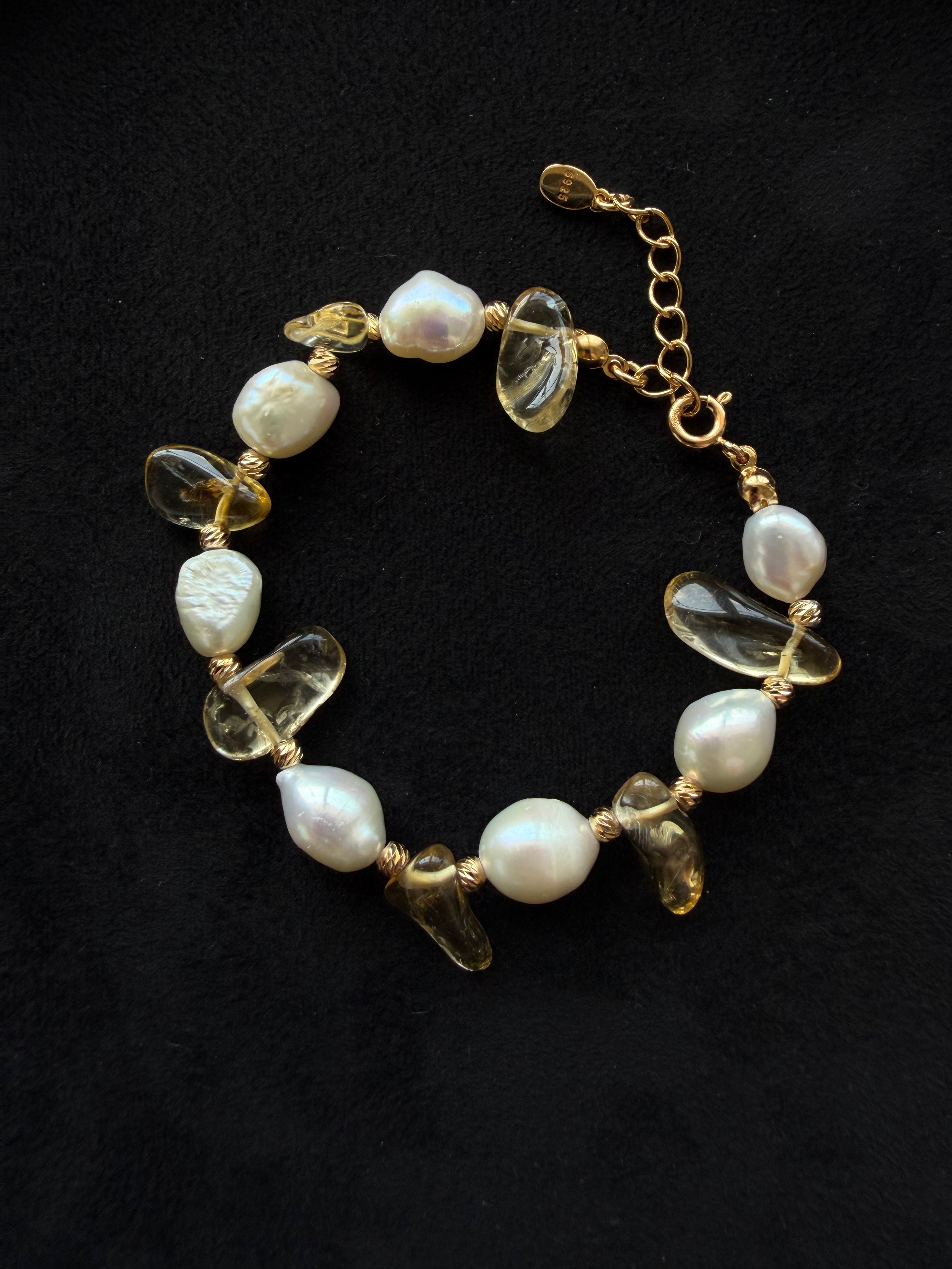 Freeform Citrine & Baroque Pearl Bracelet – 18K Gold Plated S925 Silver