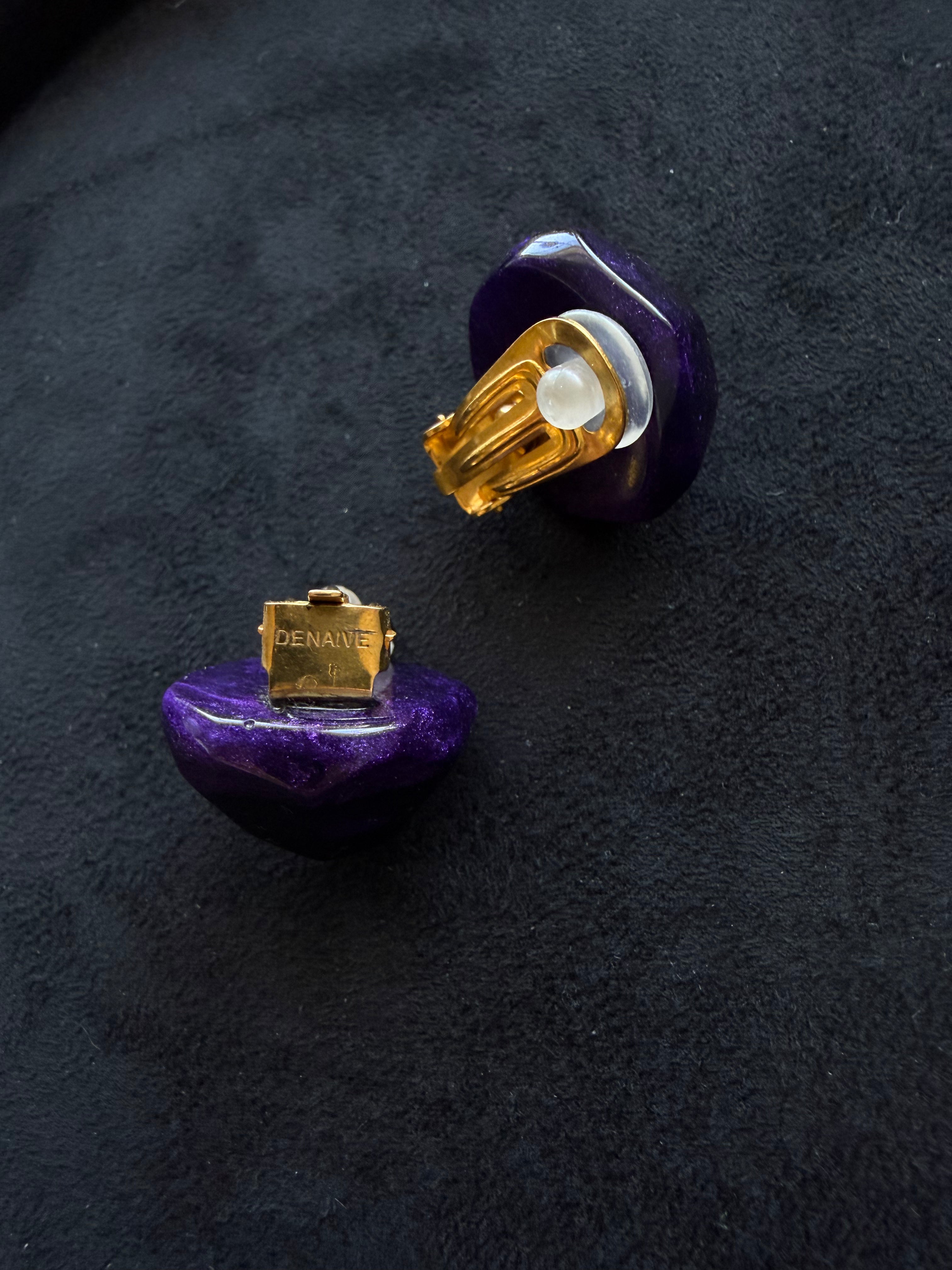 Dominique Denaive Purple Faceted Resin Clip-On Earrings – Vintage French Designer Jewelry