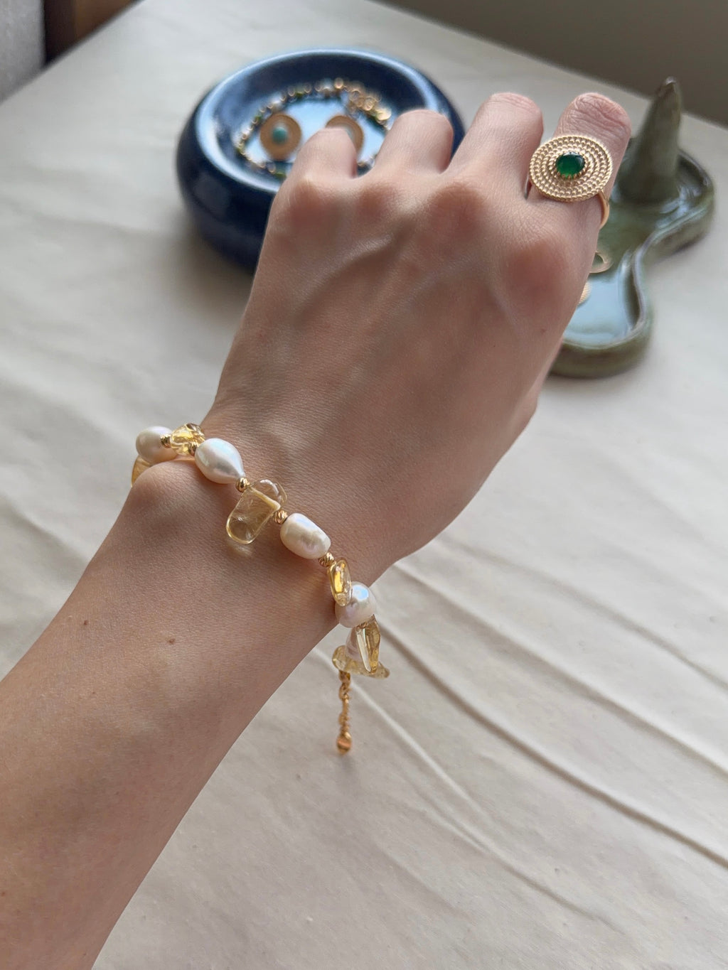 Freeform Citrine & Baroque Pearl Bracelet – 18K Gold Plated S925 Silver