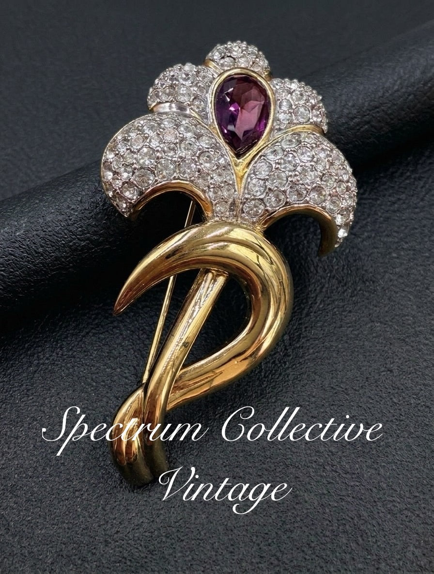 Nina Ricci Purple Rhinestone Brooch – Gold Plated Vintage Style Statement