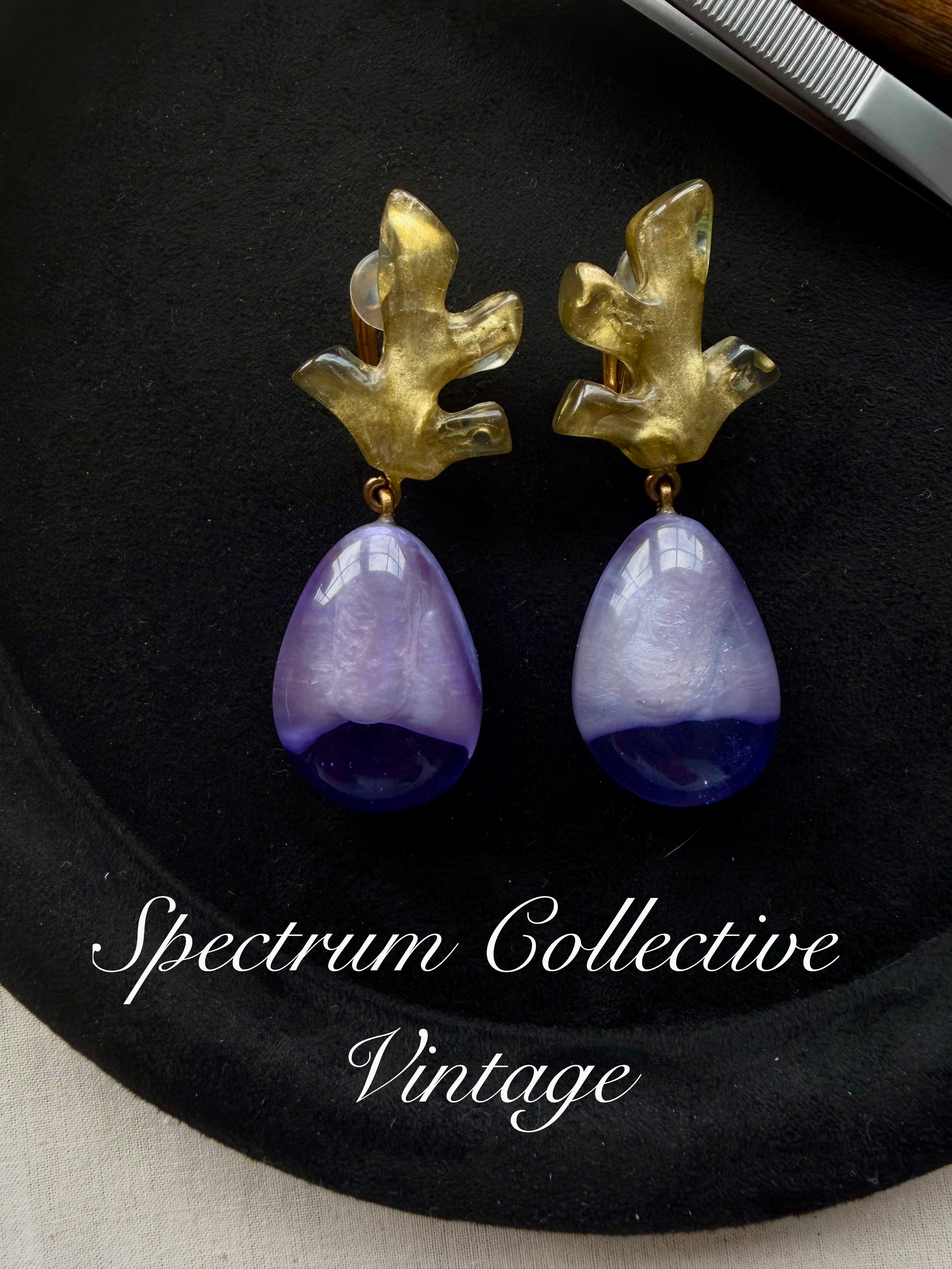 Dominique Denaive Paris Vintage Violet Gold Resin Flower Drop Clip-On Earrings