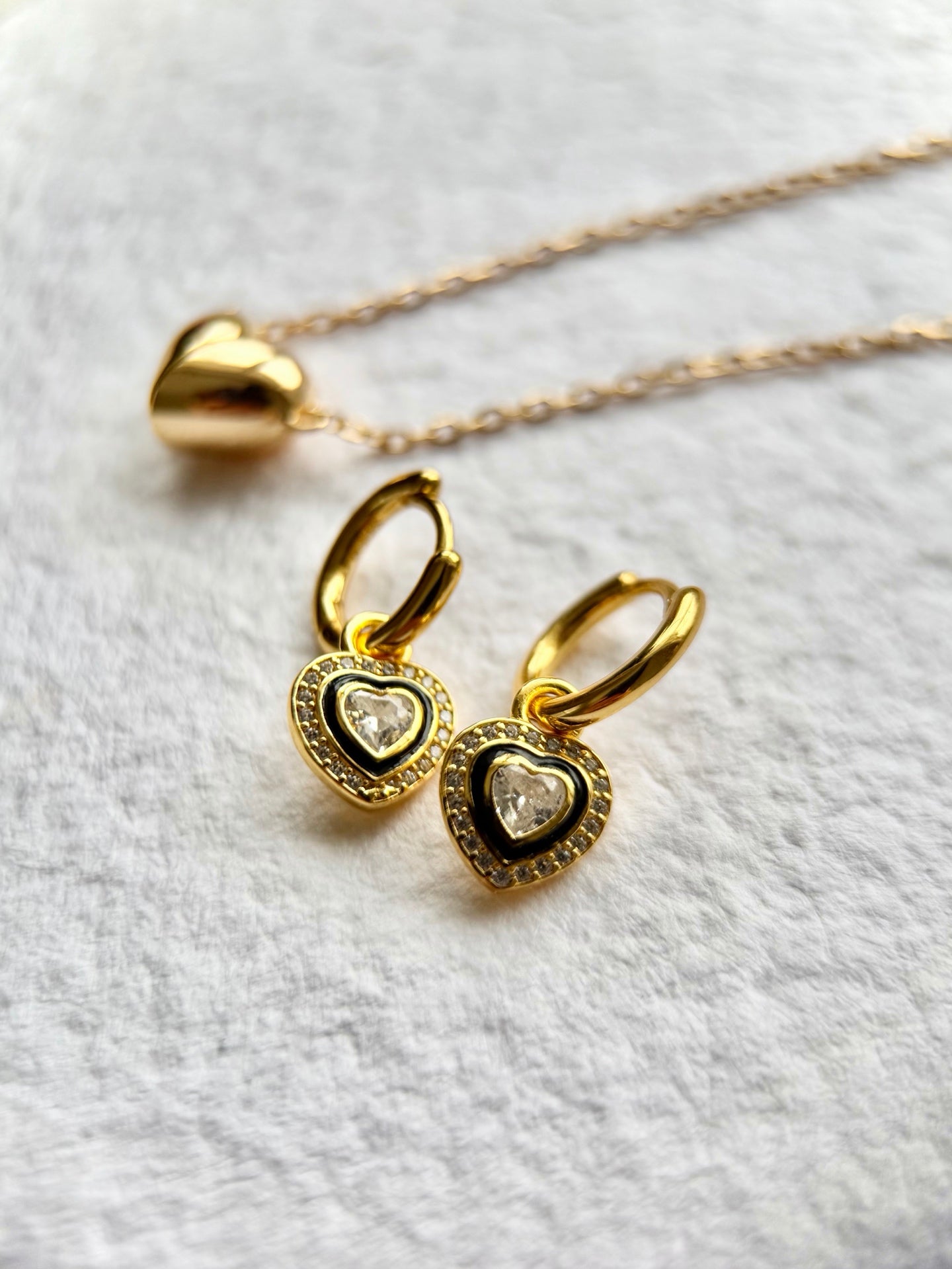 Black Enamel Heart Earrings – 2-in-1 Detachable Design in 18K Gold Plated S925 Sterling Silver