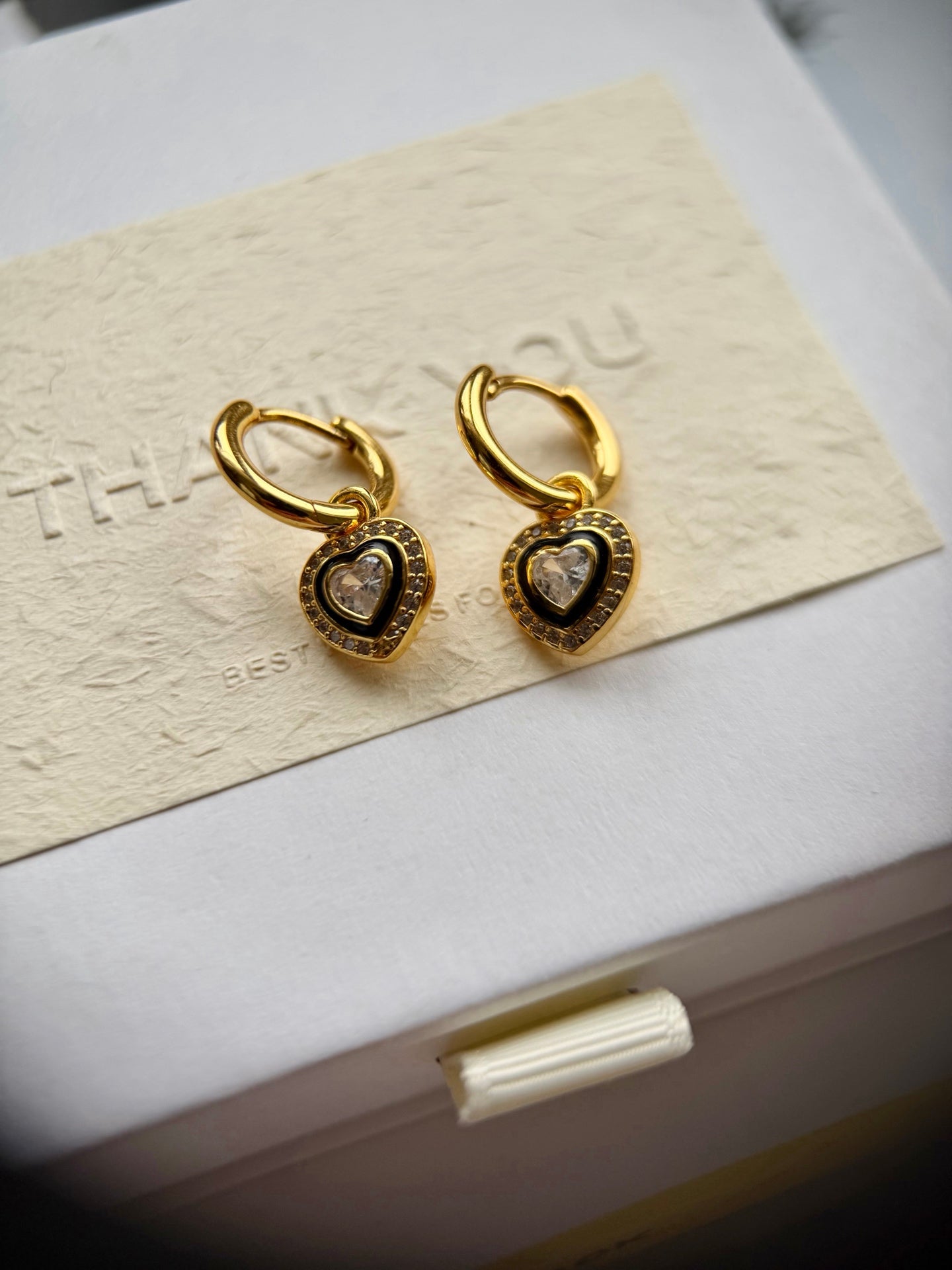 Black Enamel Heart Earrings – 2-in-1 Detachable Design in 18K Gold Plated S925 Sterling Silver