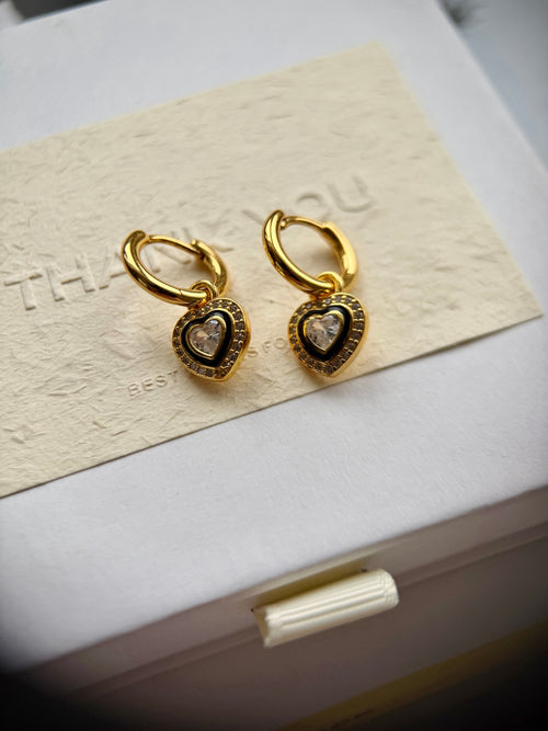 Black Enamel Heart Earrings – 2-in-1 Detachable Design in 18K Gold Plated S925 Sterling Silver