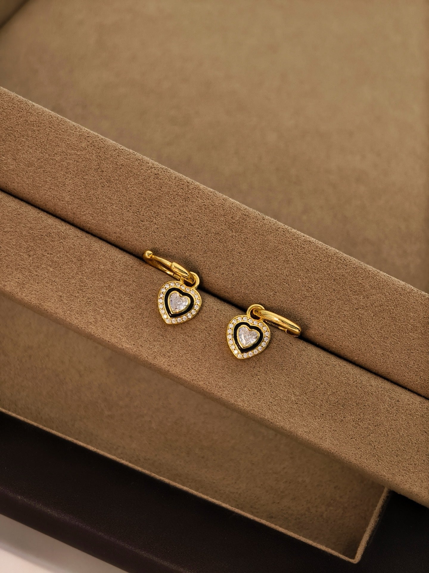 Black Enamel Heart Earrings – 2-in-1 Detachable Design in 18K Gold Plated S925 Sterling Silver