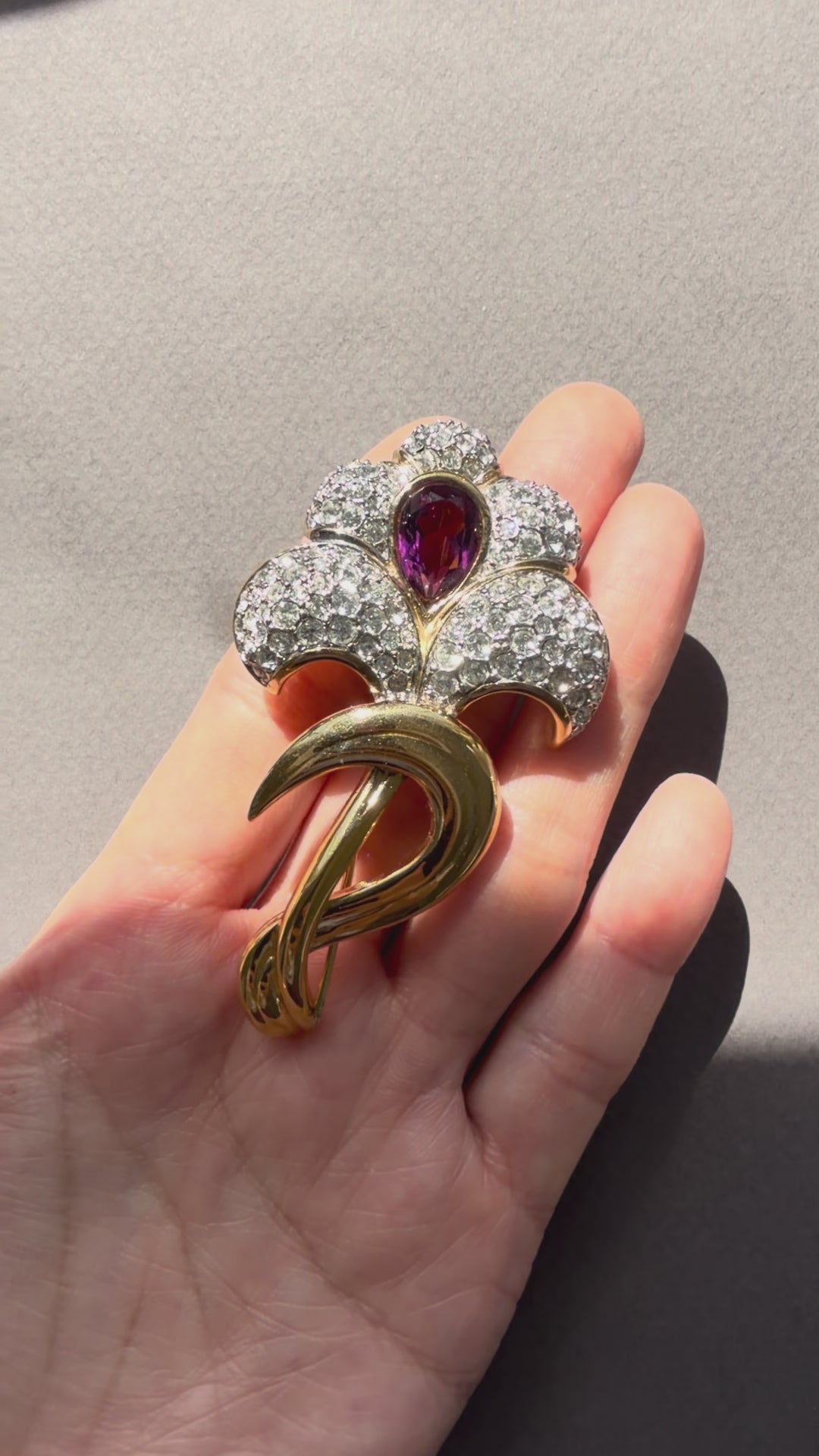 Nina Ricci Purple Rhinestone Brooch – Gold Plated Vintage Style Statement